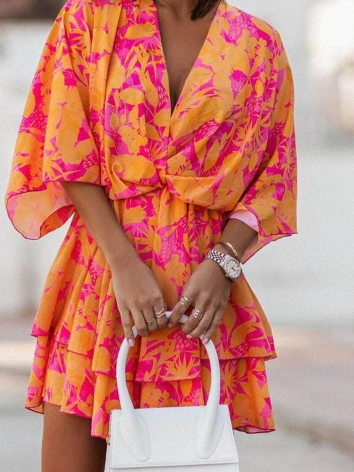 Printed surplice tiered mini dress back view