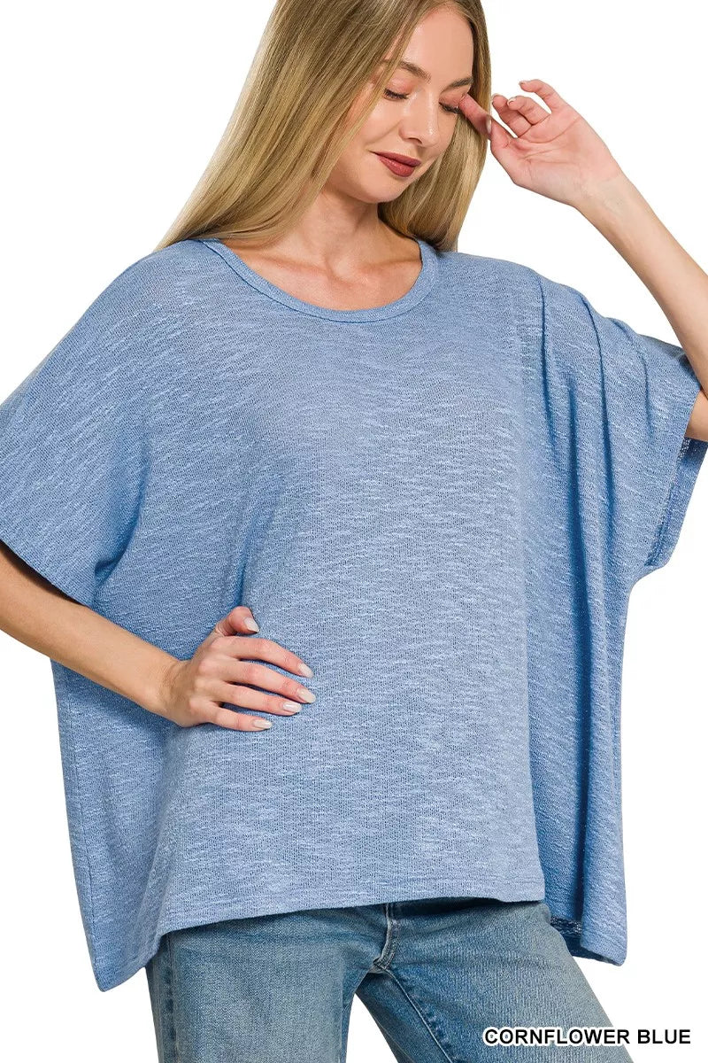 Zenana oversized slub hacci top in cornflower blue front view