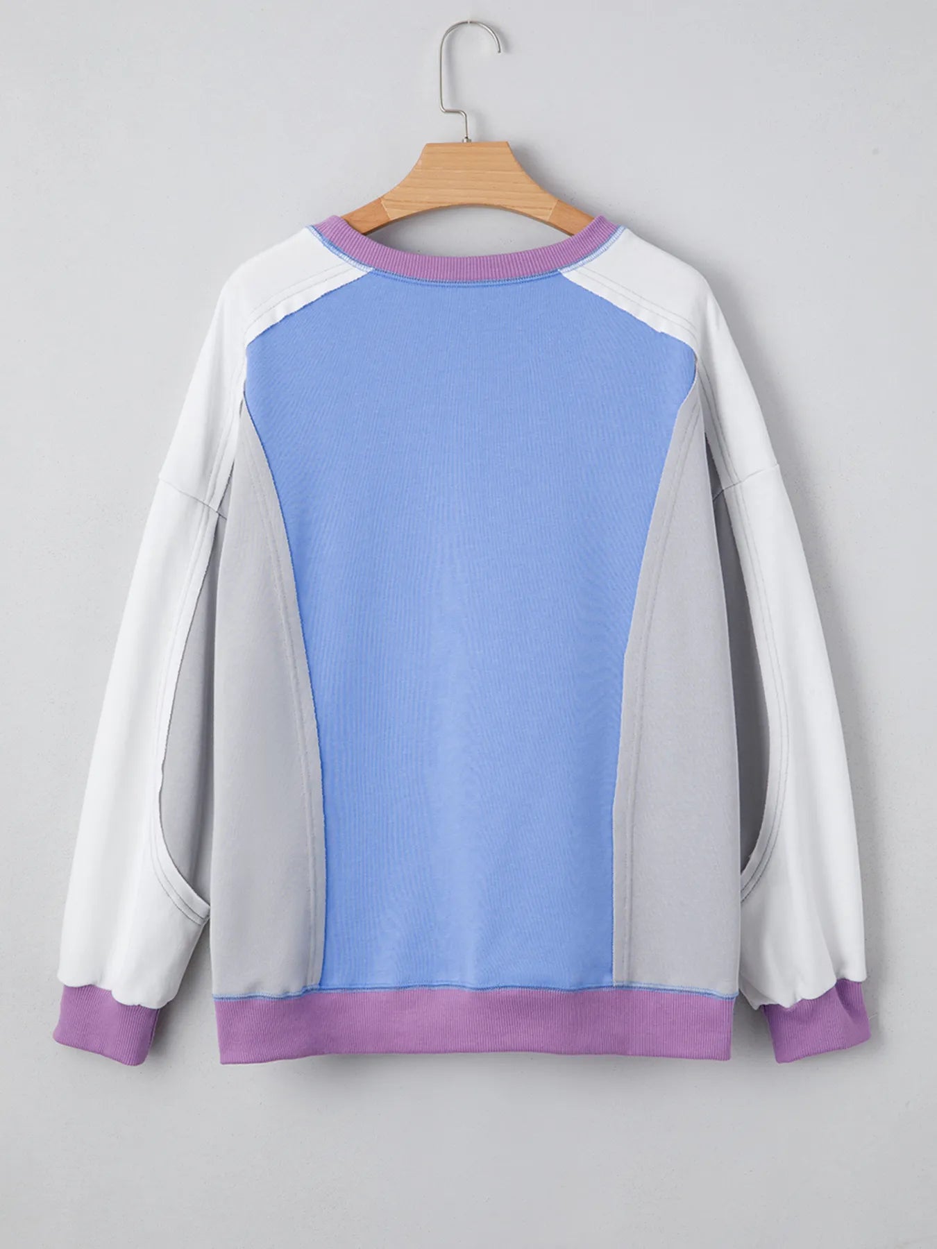 Exposed Seam Colorblock Patchwork Ribbed Trim Sweatshirt - Fashorio