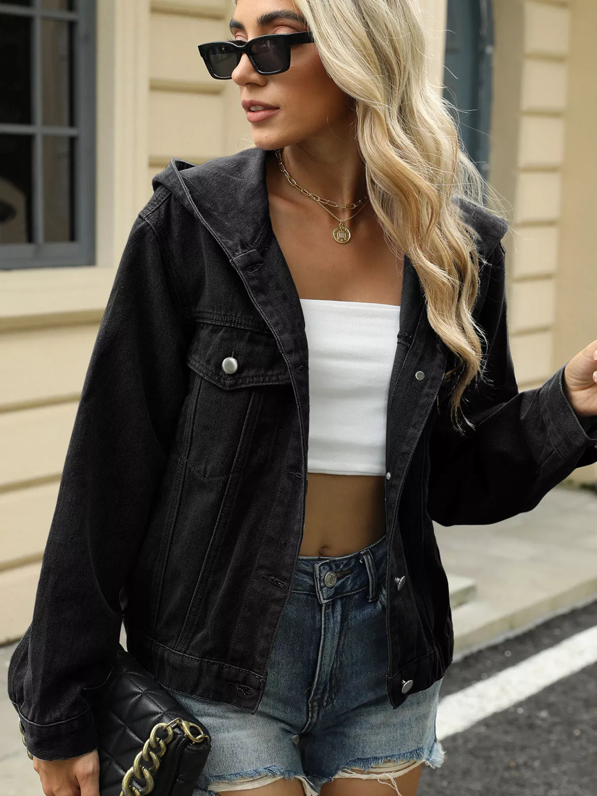 Washed Hooded Denim Jacket in Black back view