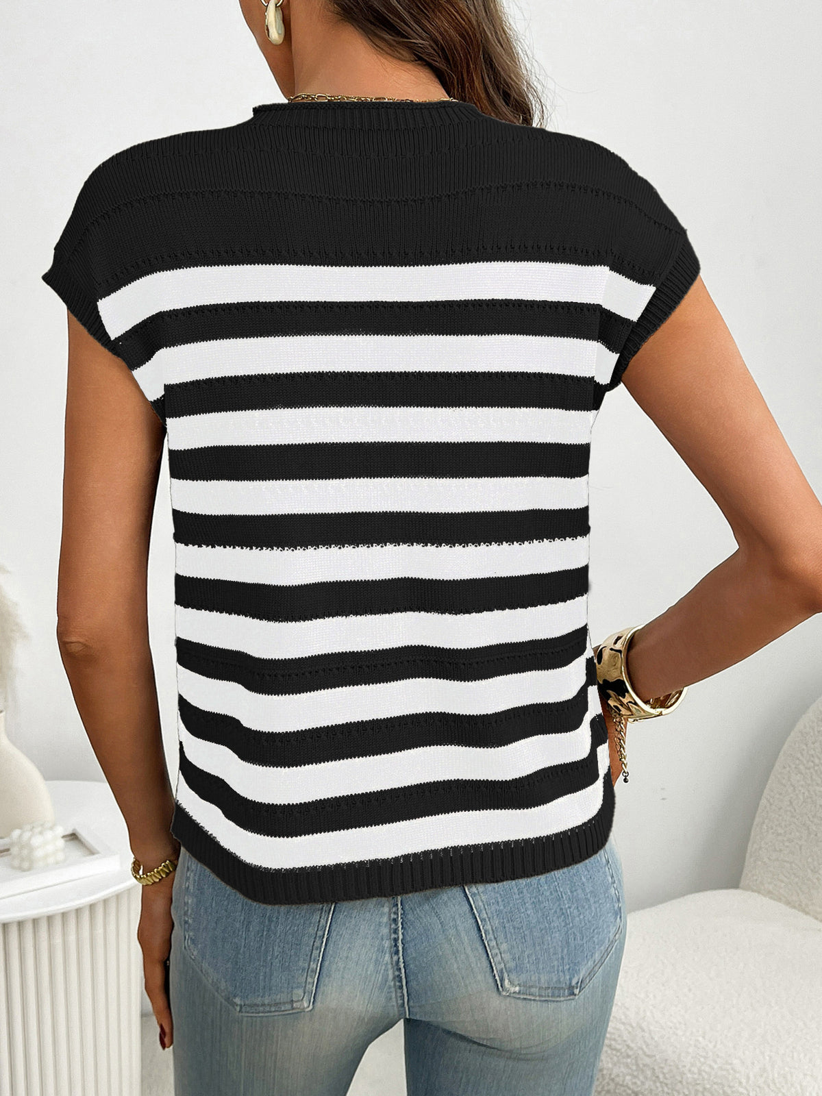 Striped knit cap sleeve sweater side view