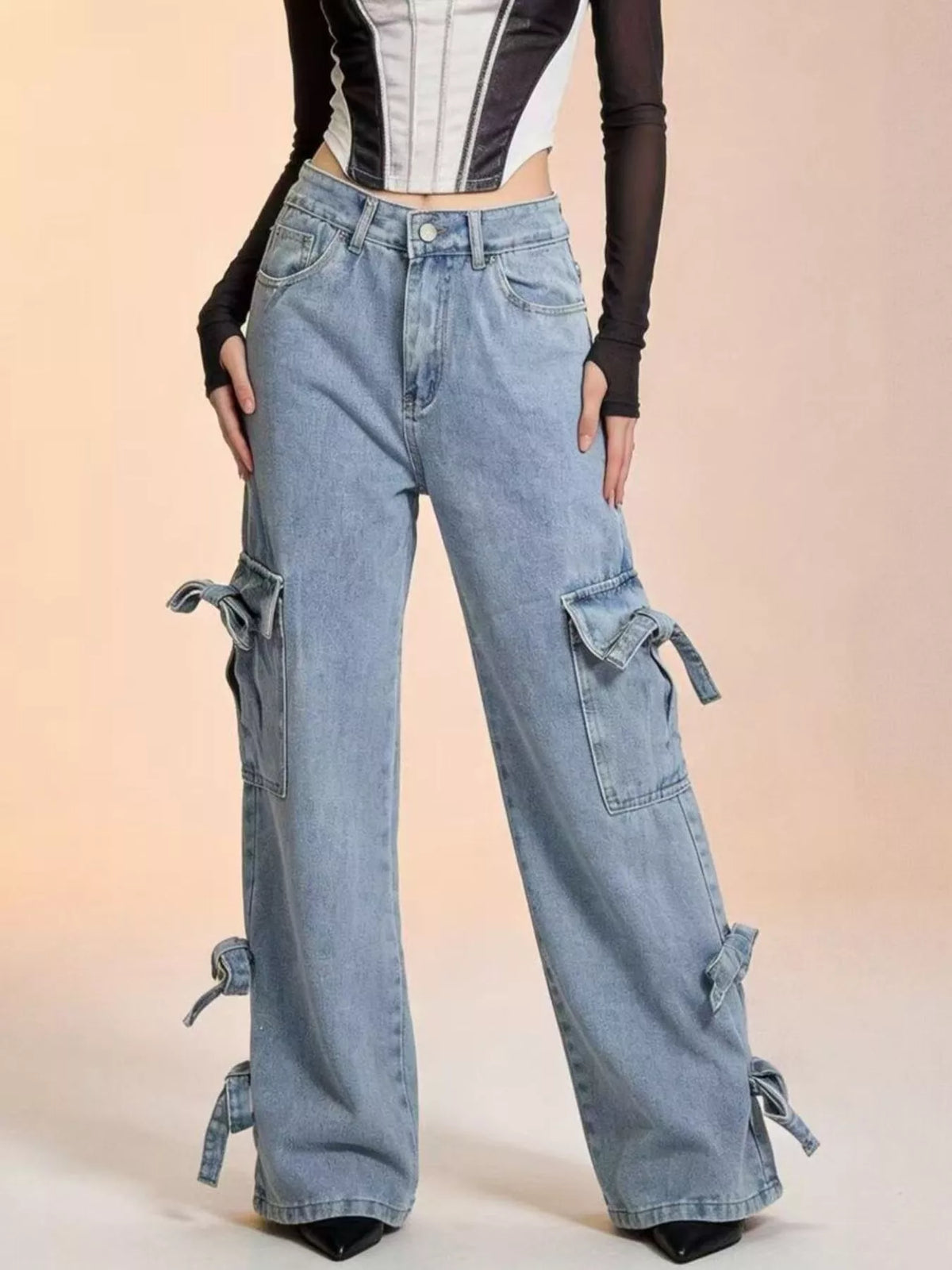 Sky blue wide leg jeans side profile