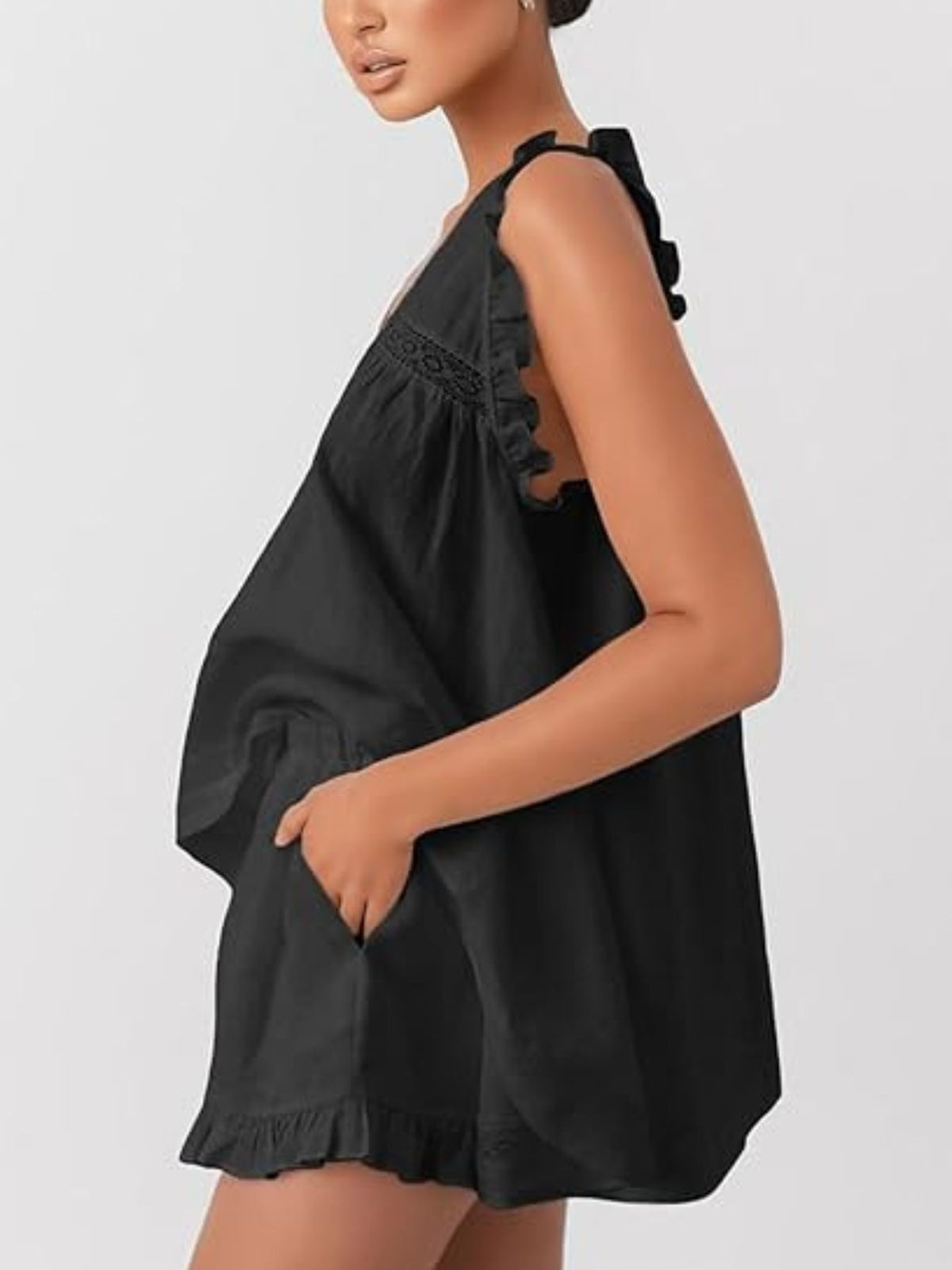 Ruffle Trim V Neck Top and Shorts Two Piece Set, view 14