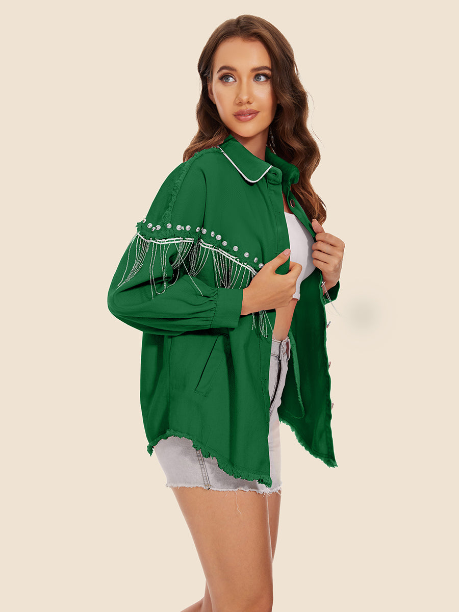 Raw Hem Fringe Detail Denim Jacket - Fashorio