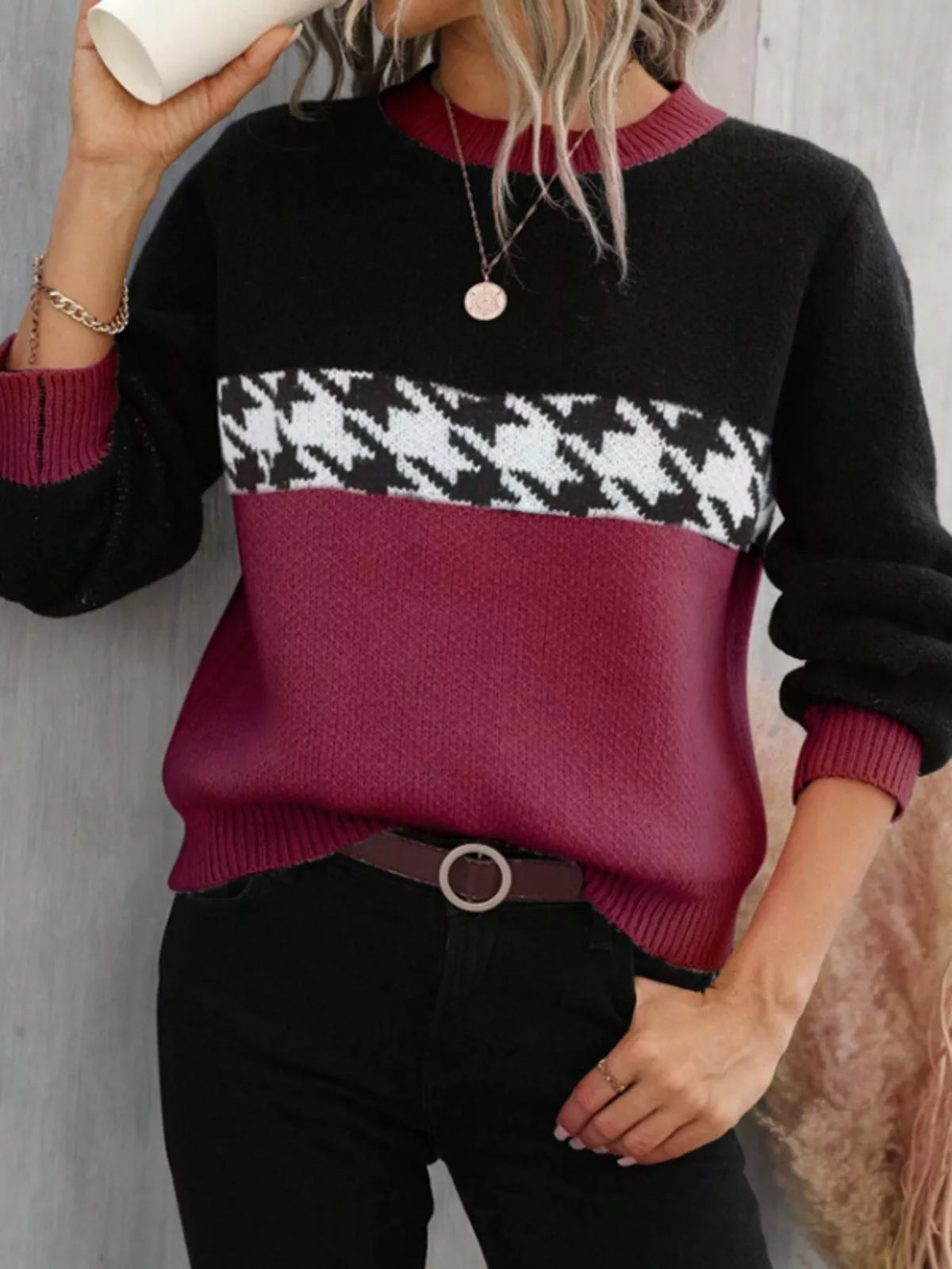 color block houndstooth sweater close up texture