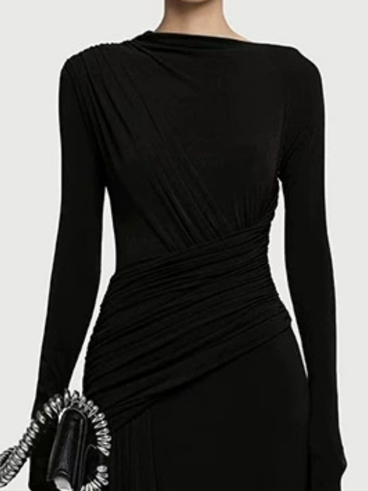 Ruched long sleeve maxi dress, close up of the neckline
