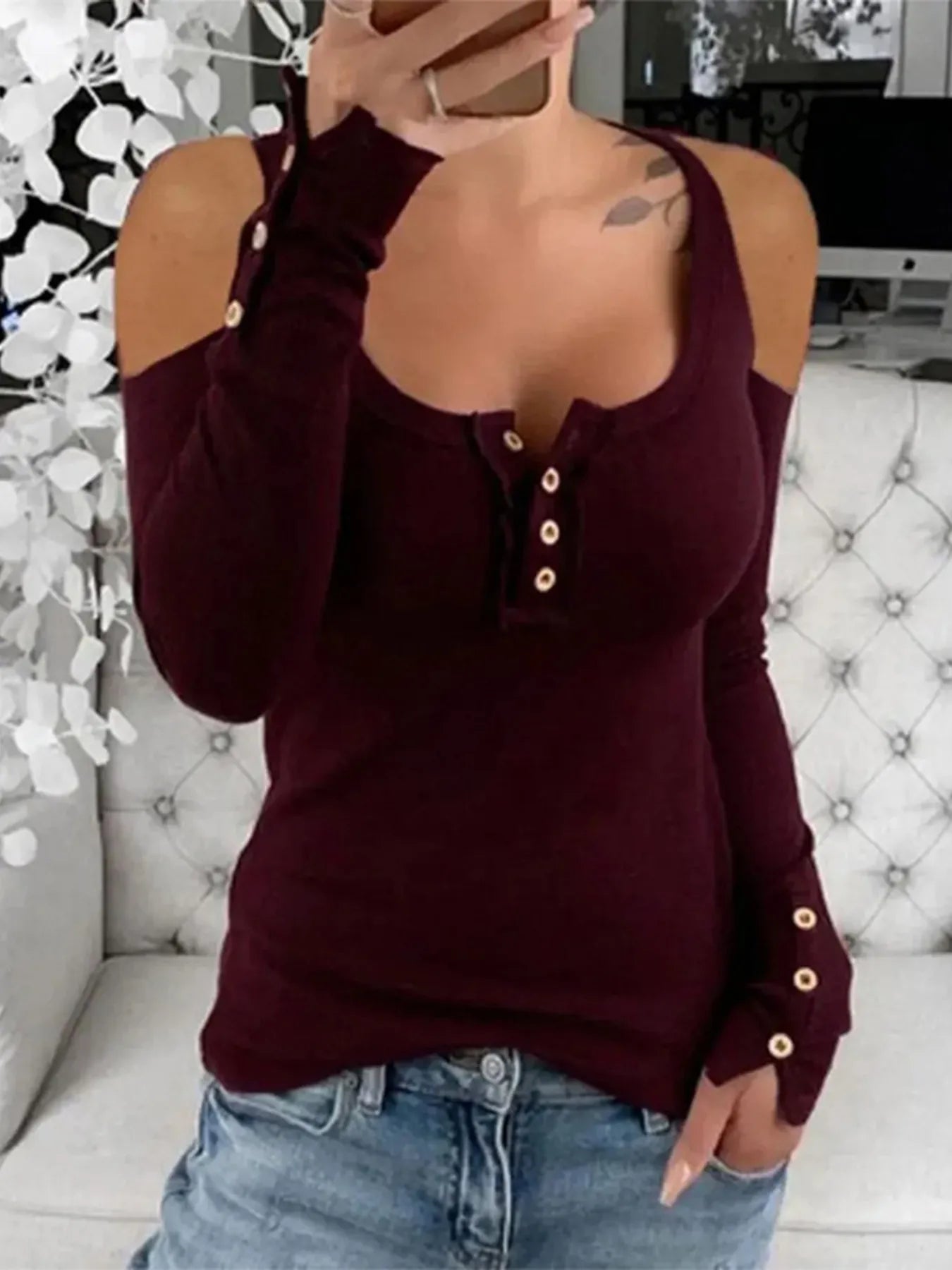 Cold Shoulder Ribbed Henley T-Shirt with Button Detail Burgundy - Fashorio