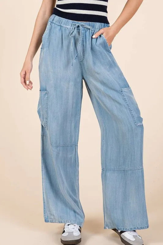 Mittoshop Washed Elastic Waist Cargo Wide Leg Pants Lt Denim - Fashorio