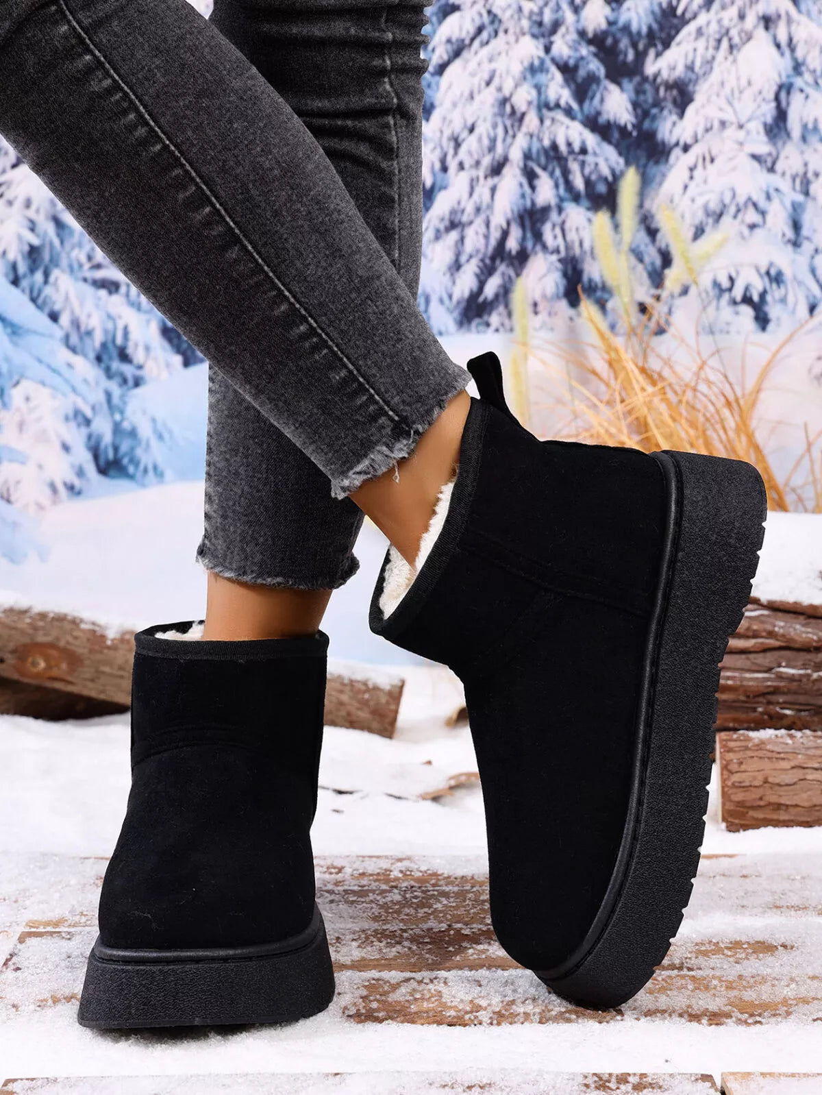 black round toe platform boots styled on model