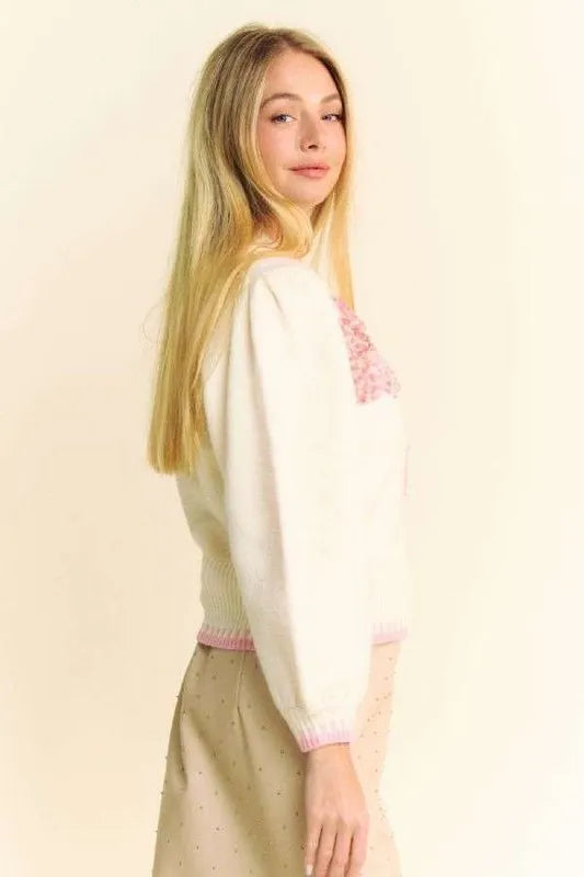 Floral Patch Fuzzy Mock Neck Sweater in Ivory side view
