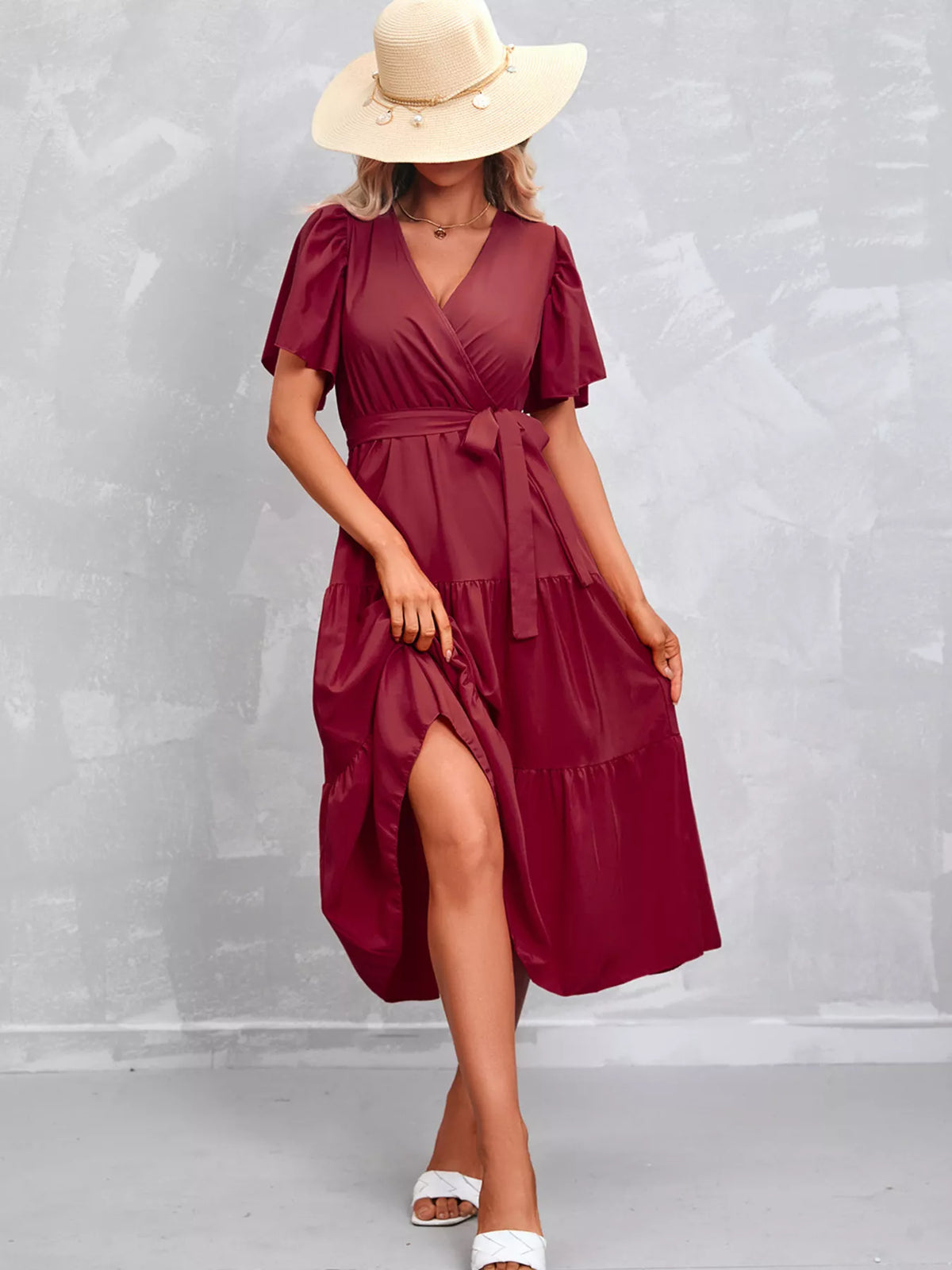 Flutter sleeve tiered midi dress side view