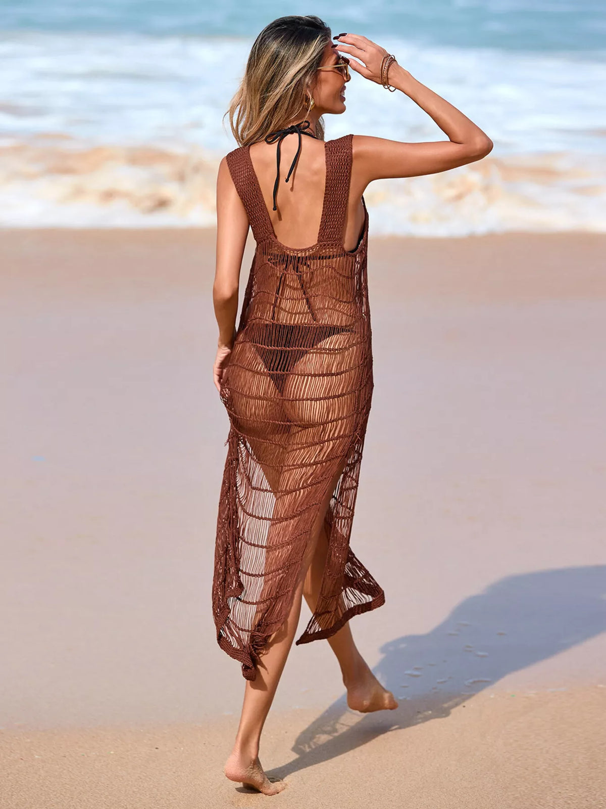 sleeveless crochet knit cover up dress front detail