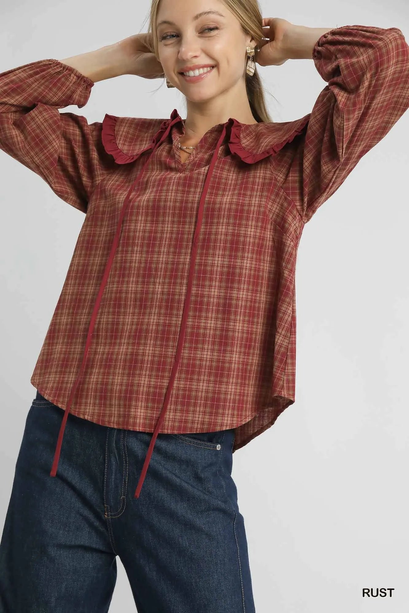 Umgee Full Size Plaid Ruffle Collar Blouse Plus Size Rust - Fashorio