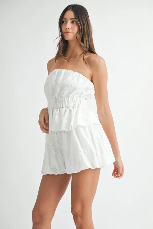 MABLE Floral Eyelet Lace Tube Top and Short Set - Fashorio