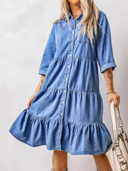 Full Size Ruffled Hem Button Up Denim Midi Dress Plus Size Blue - Fashorio