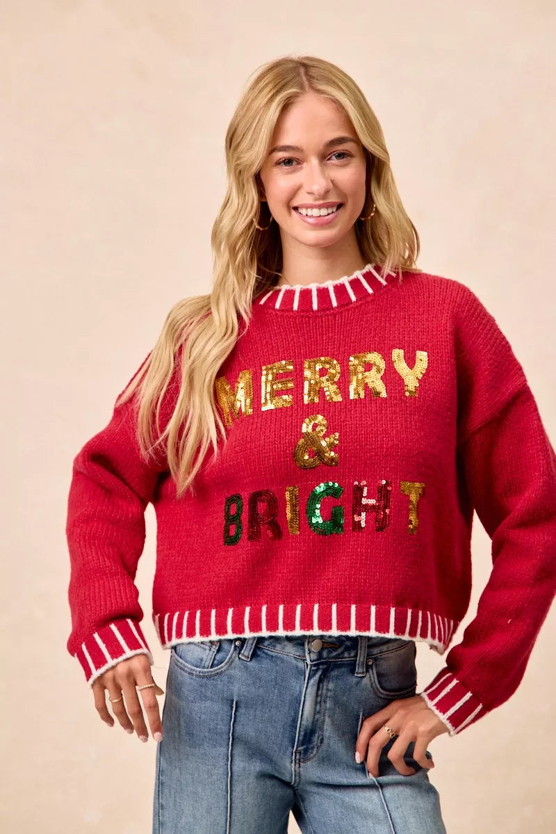 Sequin Lettering Christmas Sweater in Red styled look
