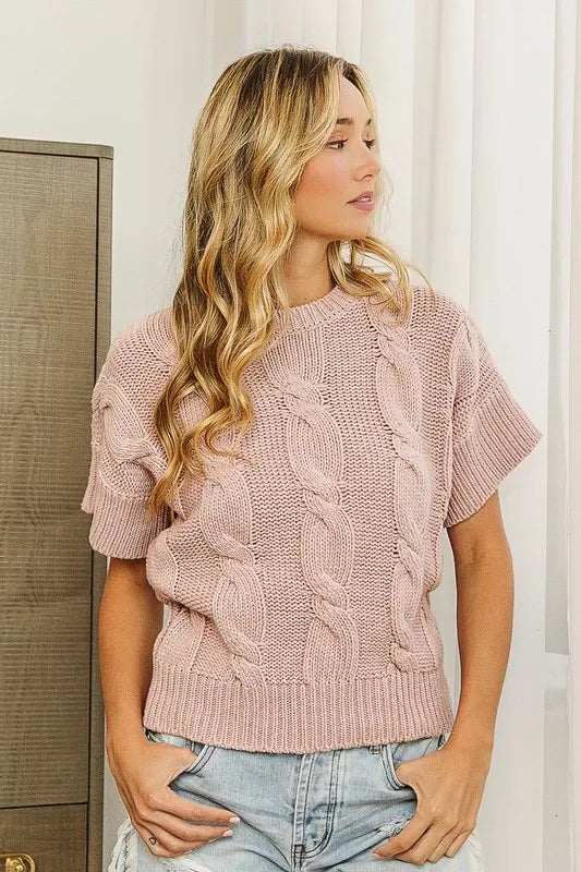 Cable Knit Textured Sweater Top in Almond back view