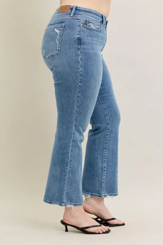 Judy Blue Full Size Mid Rise Wash Destroy Hem Bootcut Jeans Plus Size - Fashorio