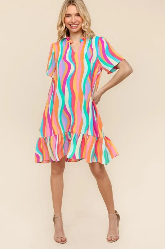 Tiered Woven Ruffle Hem Dress in Multi Color on model
