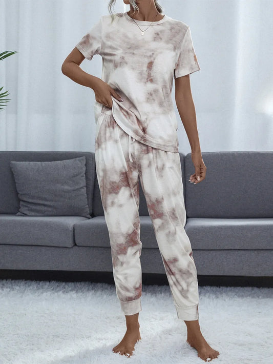 Shiny Tie-Dye Round Neck Short Sleeve Top and Pants Lounge Set Multicolor - Fashorio