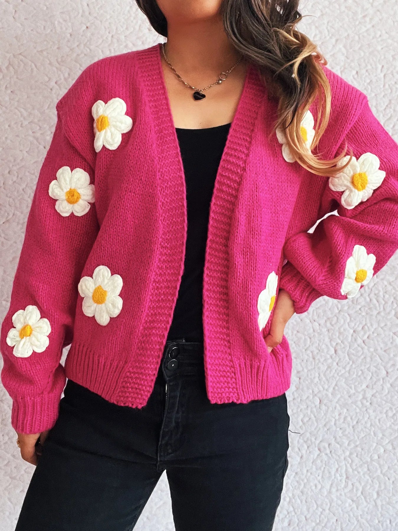 Flower Open Front Long Sleeve Cardigan Rose Pink One Size - Fashorio