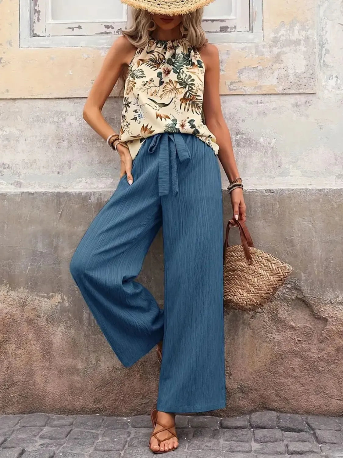 Printed Tank Top and Wide Leg Pants Set - Fashorio