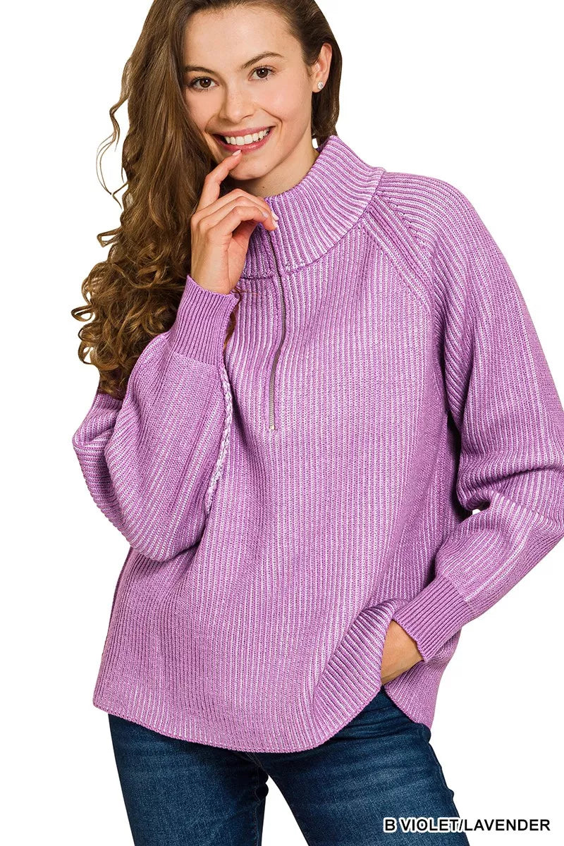 Ribbed Two Tone Half Zip Sweater in Violet and Lavender back view