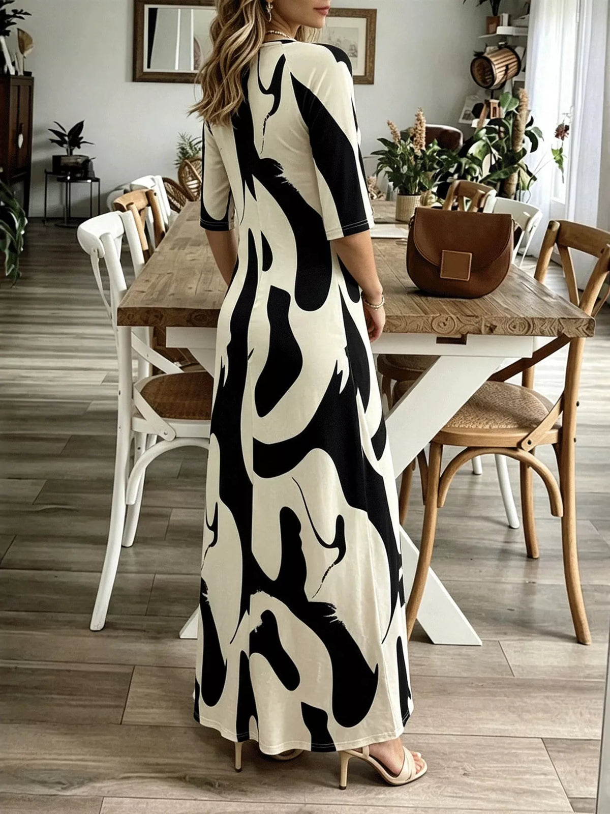 White abstract print casual maxi dress back view