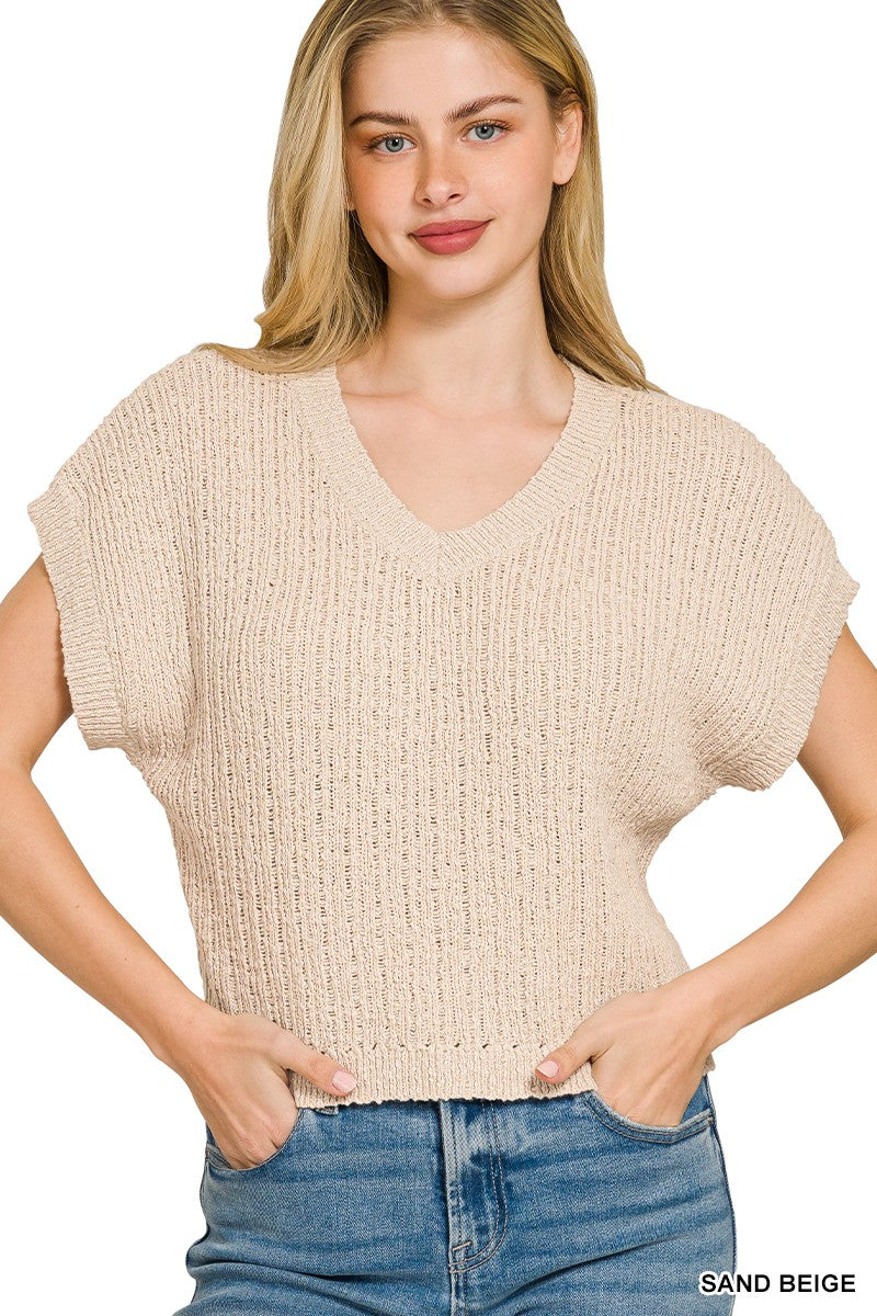 Beige V-neck cropped sweater front view