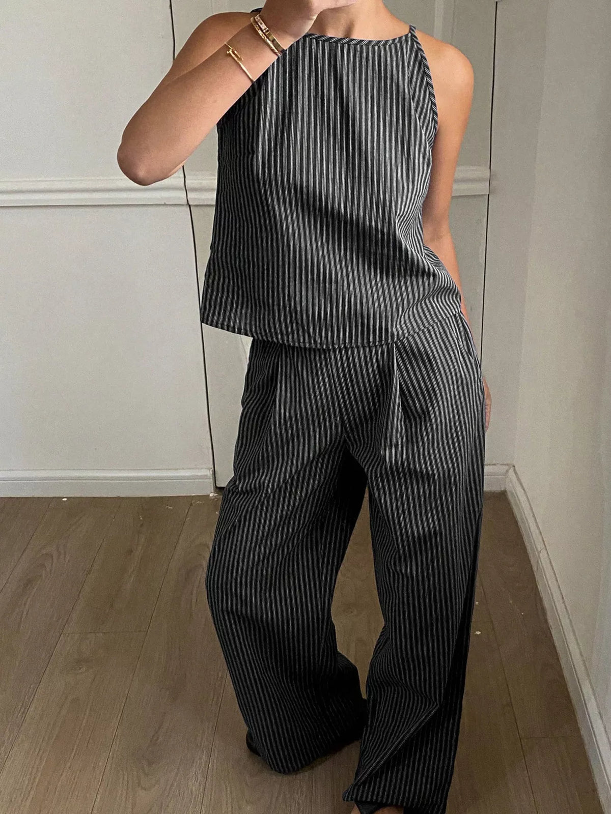Striped Sleeveless Top and Wide Leg Pants Set, view 8