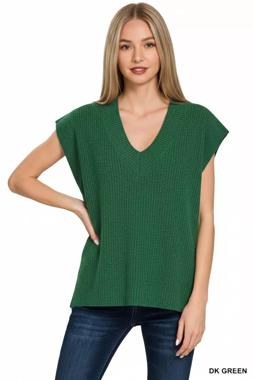Ribbed Side Slit V Neck Sweater Vest in Dark Green side view