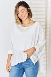 Zenana Full Size Waffle Knit V-Neck Long Sleeve Slit Top Ivory - Fashorio