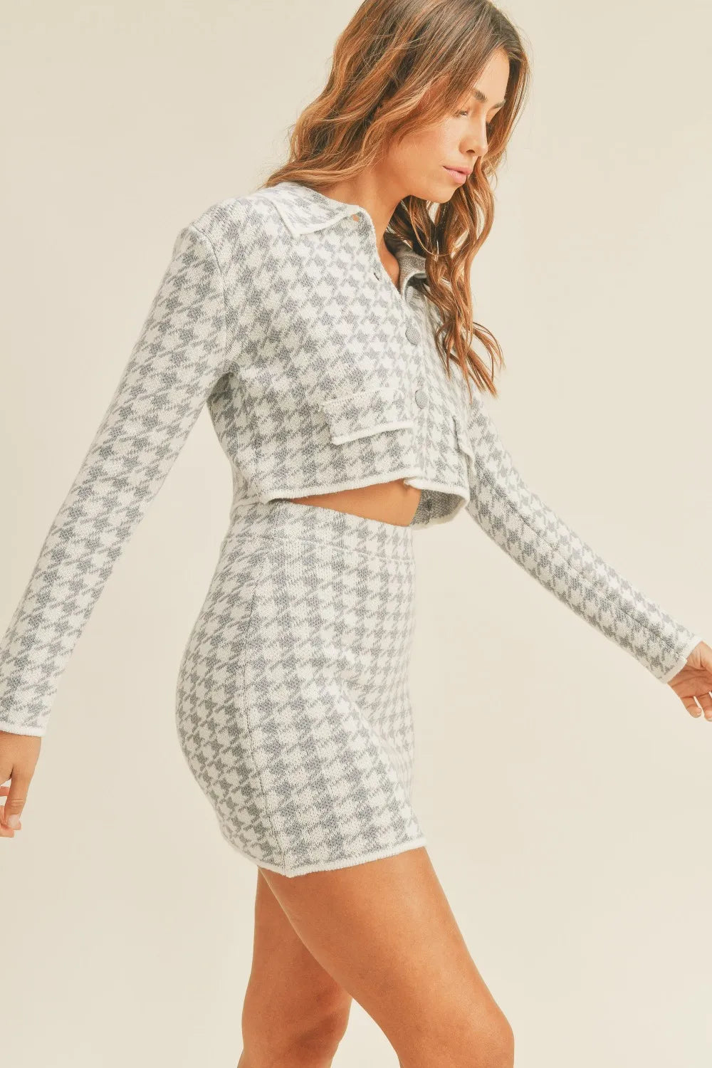 Houndstooth Cropped Knit Cardigan and Mini Skirt Set detail