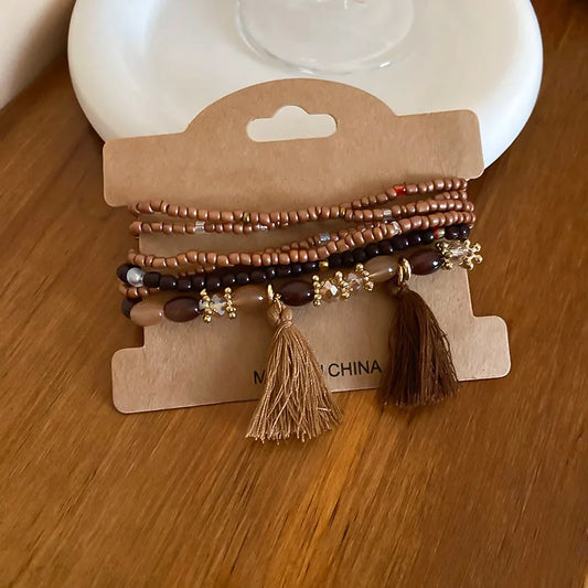 Tassel Rice Bead Bracelet Coffee Brown One Size - Fashorio