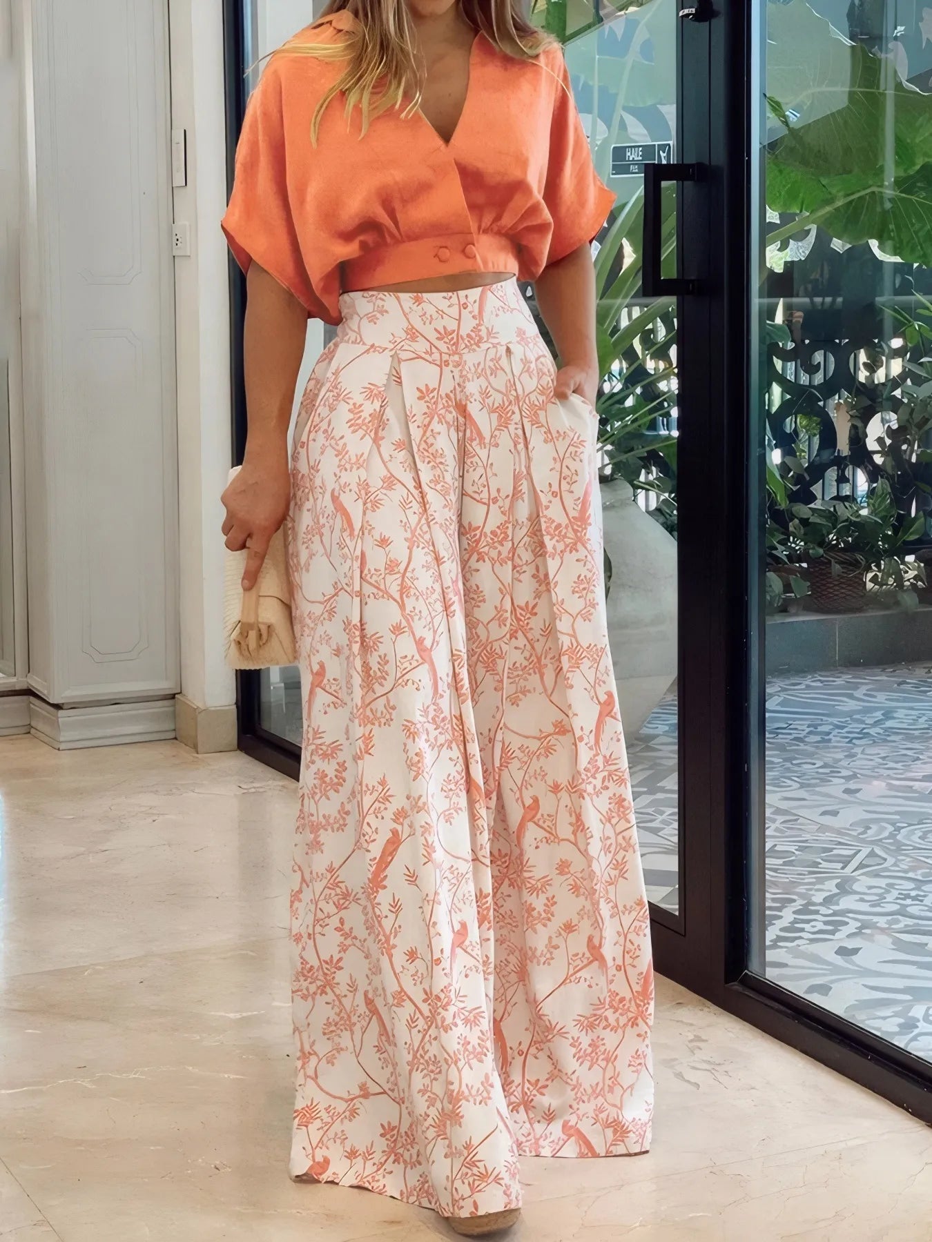 Surplice Top and High Waist Pants Set Sherbet - Fashorio