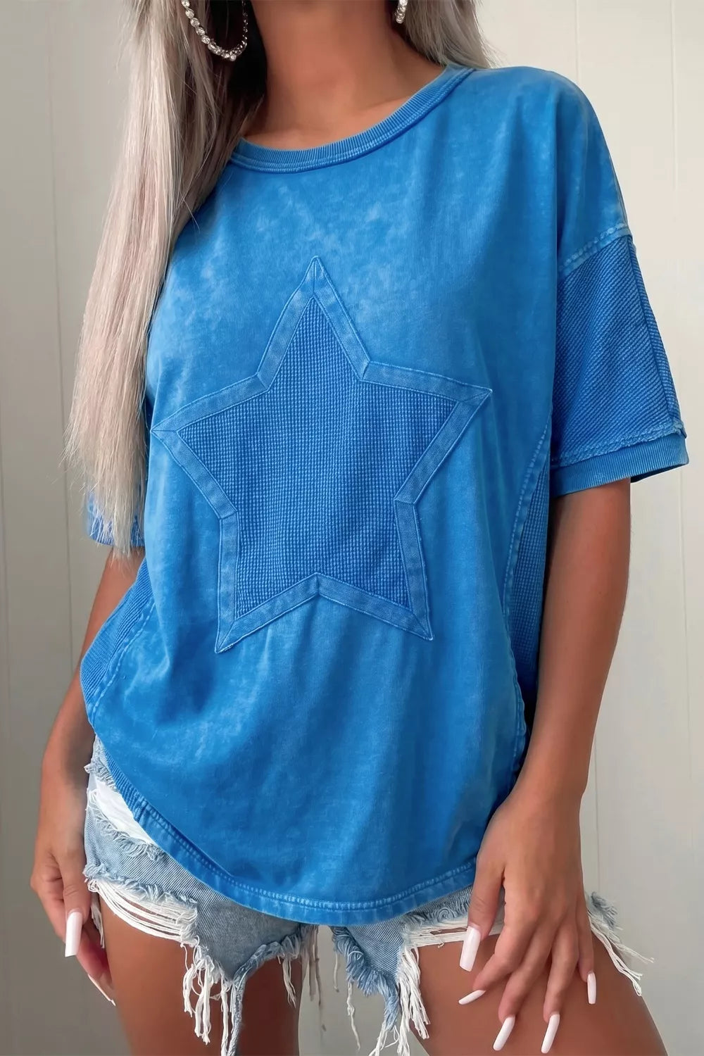 Blue mineral wash star patchwork oversize tee front view