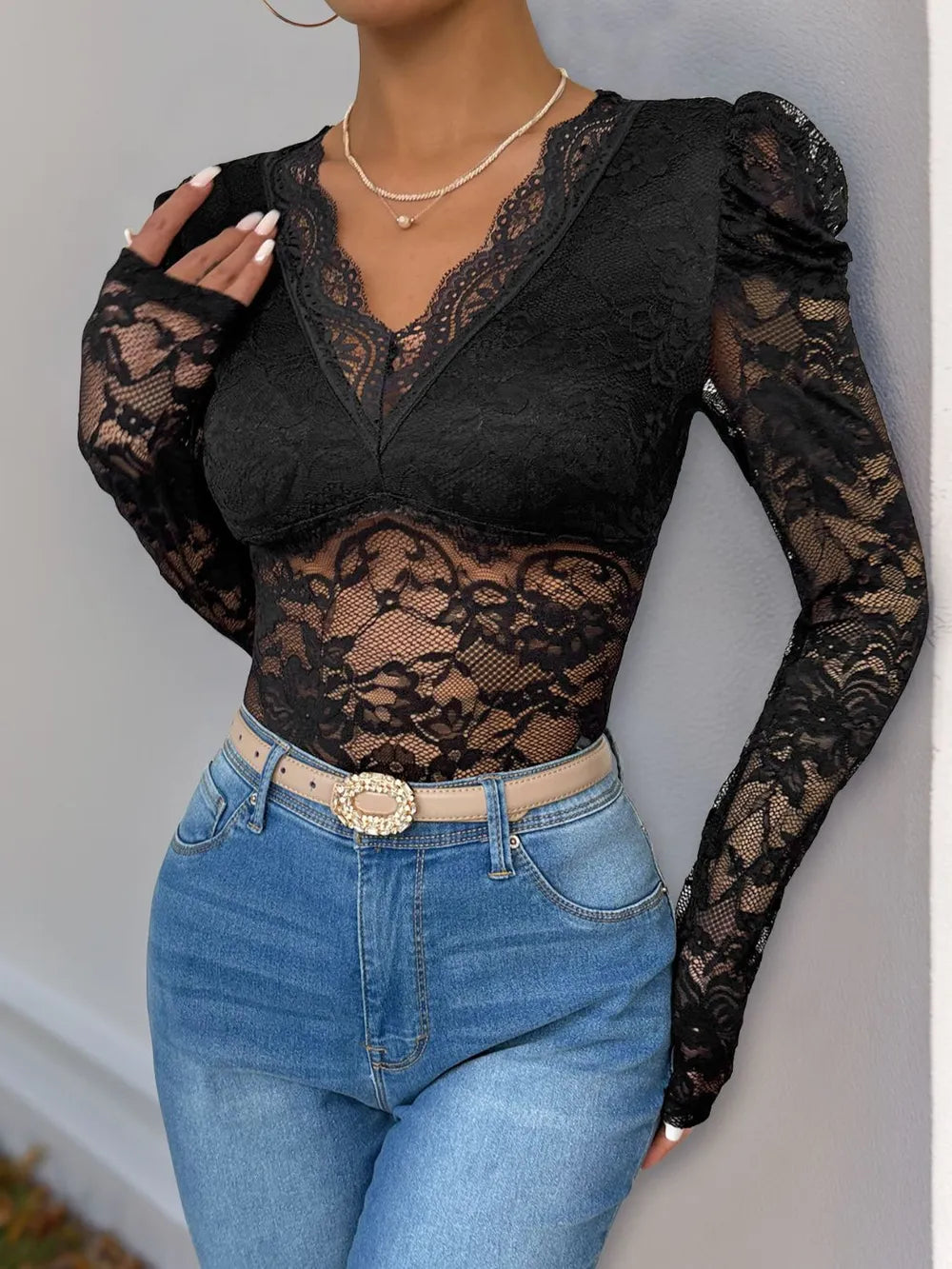 Perfee Lace V-Neck Long Sleeve Bodysuit - Fashorio