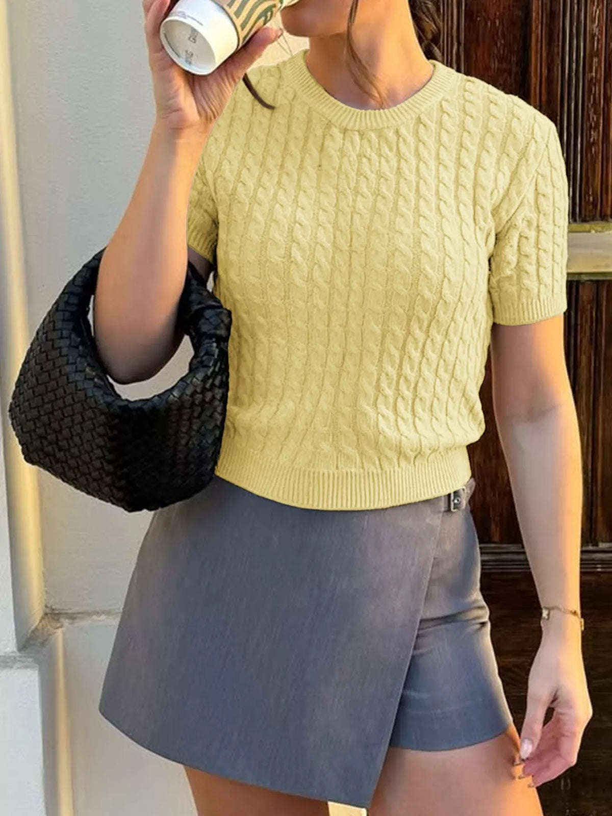 cable knit short sleeve sweater shoulder detail