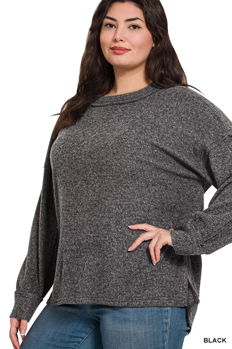 Brushed Ribbed Hacci Drop Shoulder Sweater Plus Size in Black side view
