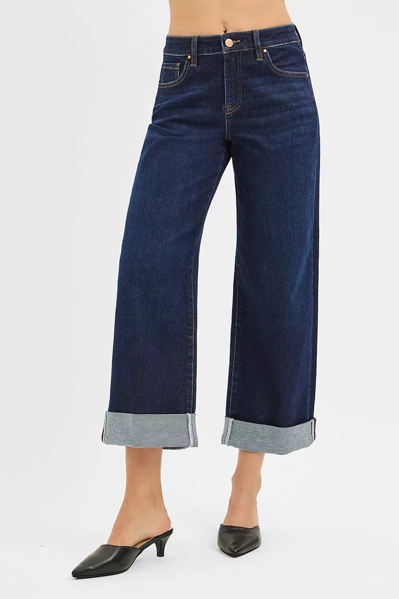RISEN mid rise ankle wide roll up jeans in dark wash front view