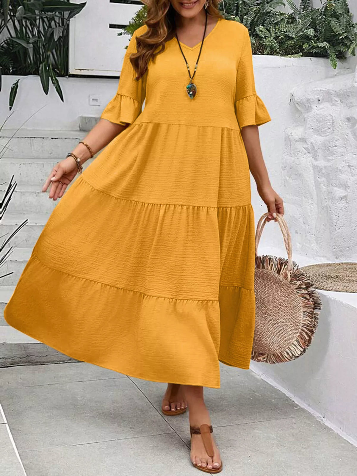 Plus Size Ruffle Sleeve Tiered Midi Dress, view 21
