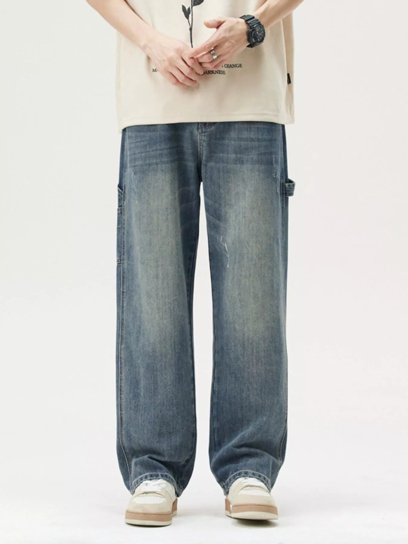 Men's Washed Wide Leg Jeans Medium - Fashorio