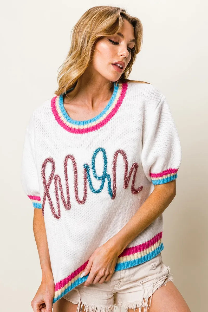 Metallic Letter Puff Sleeve Sweater in Fuchsia on model