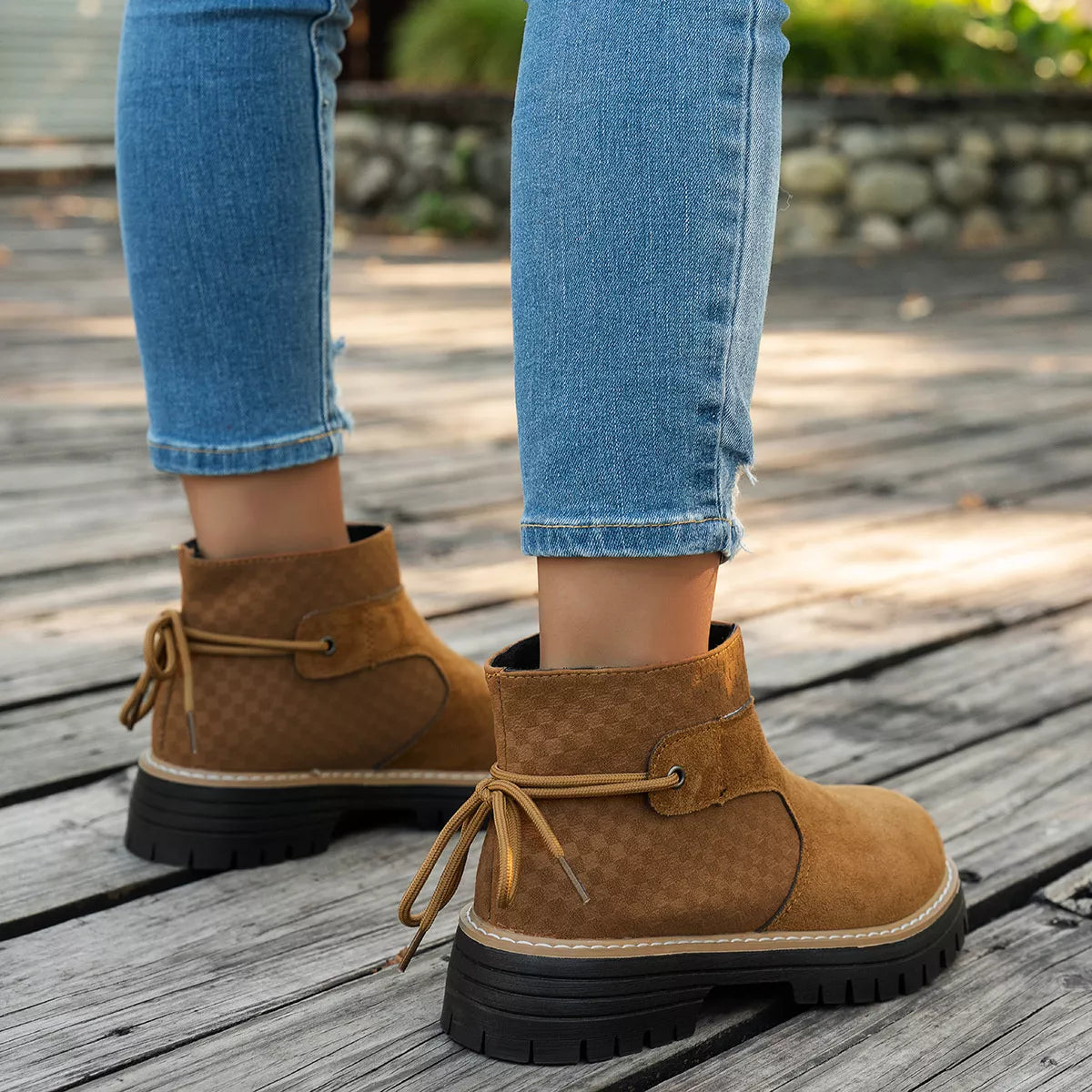 Round Toe Platform Boots styled with a dress