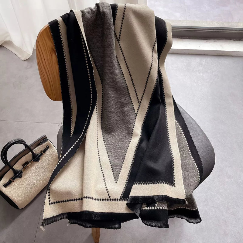 Raw hem contrast scarf draped over the shoulders