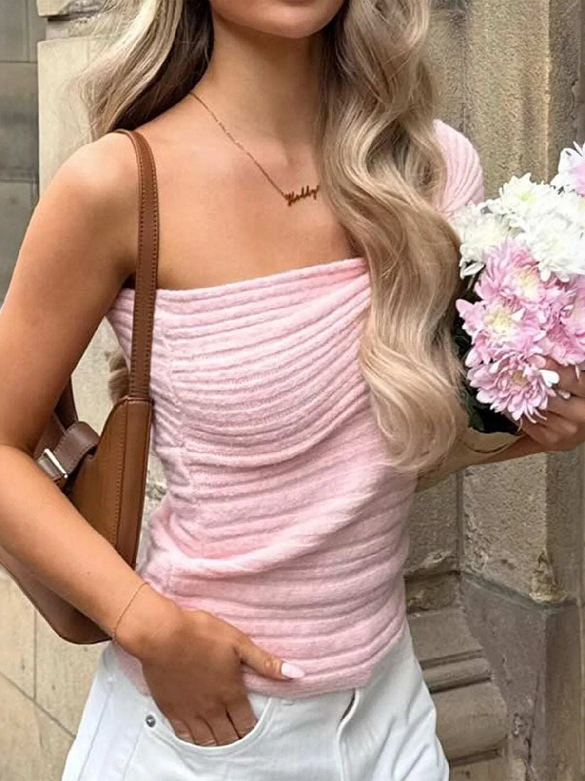 one shoulder ribbed sweater pink side view