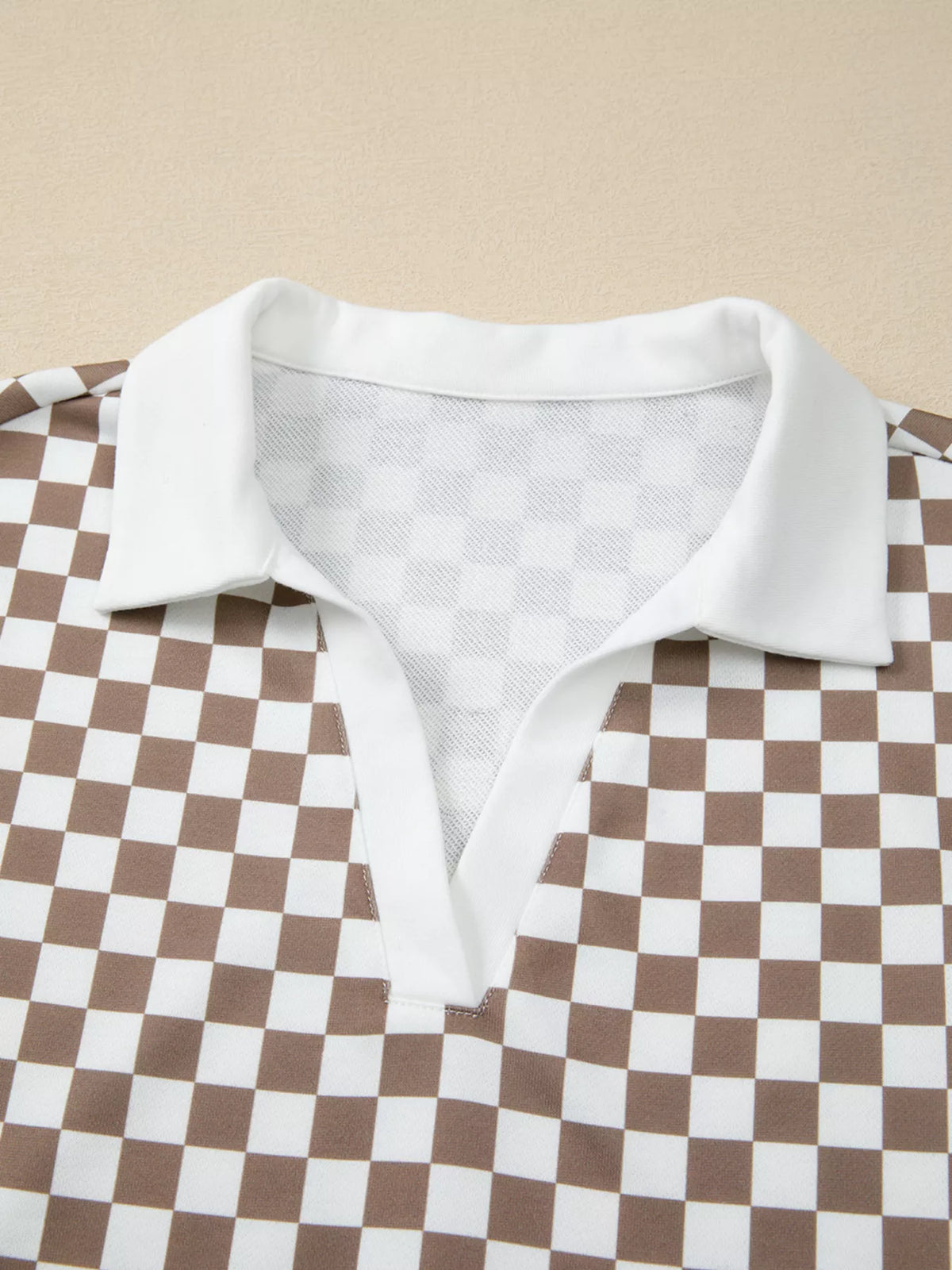 Checkered Print Polo Collar Cropped Long Sleeve Top and Drawstring Mini Skirt Set view 7