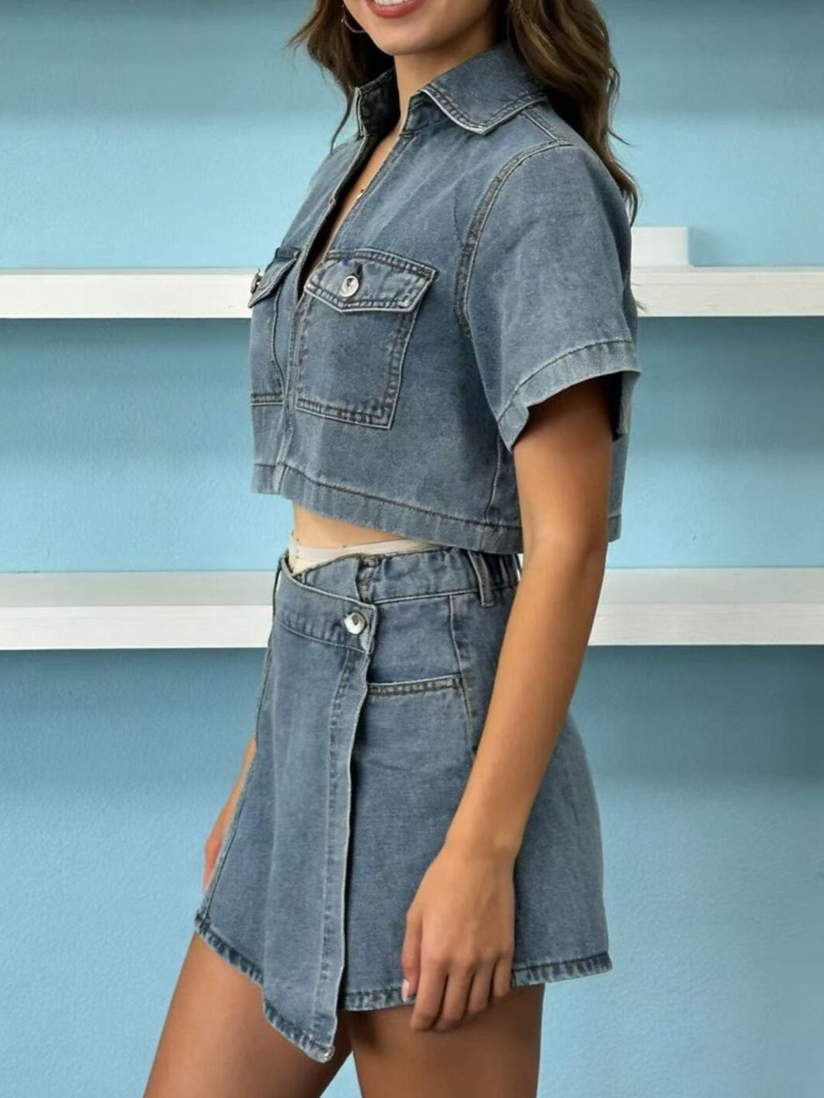 Denim skort two piece set side view