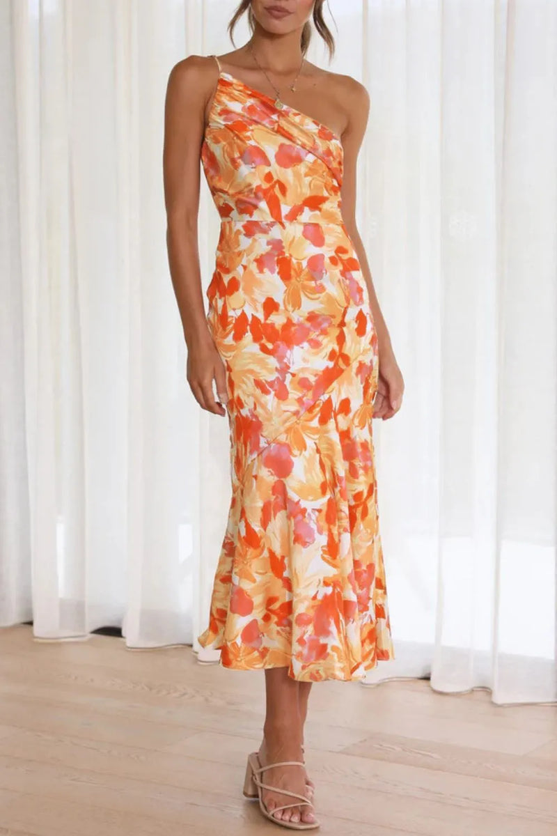 Orange ruched one shoulder midi dress front view