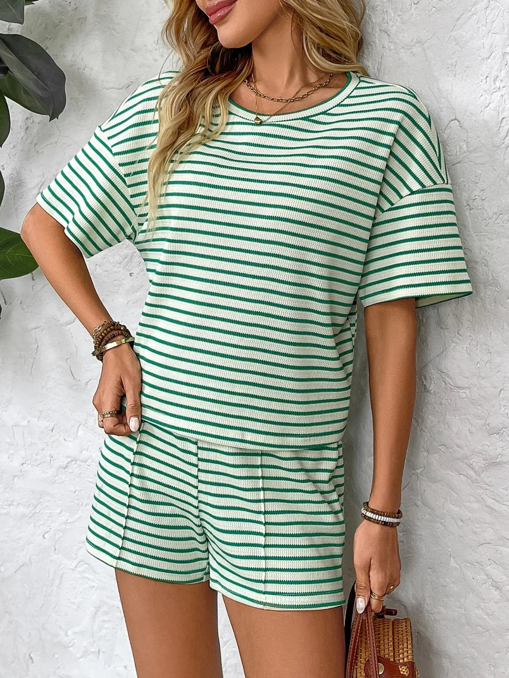 Striped Round Neck Short Sleeve Top and Shorts Set - Fashorio